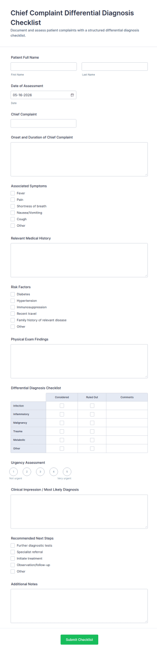 Chief Complaint Differential Diagnosis Checklist Form Template