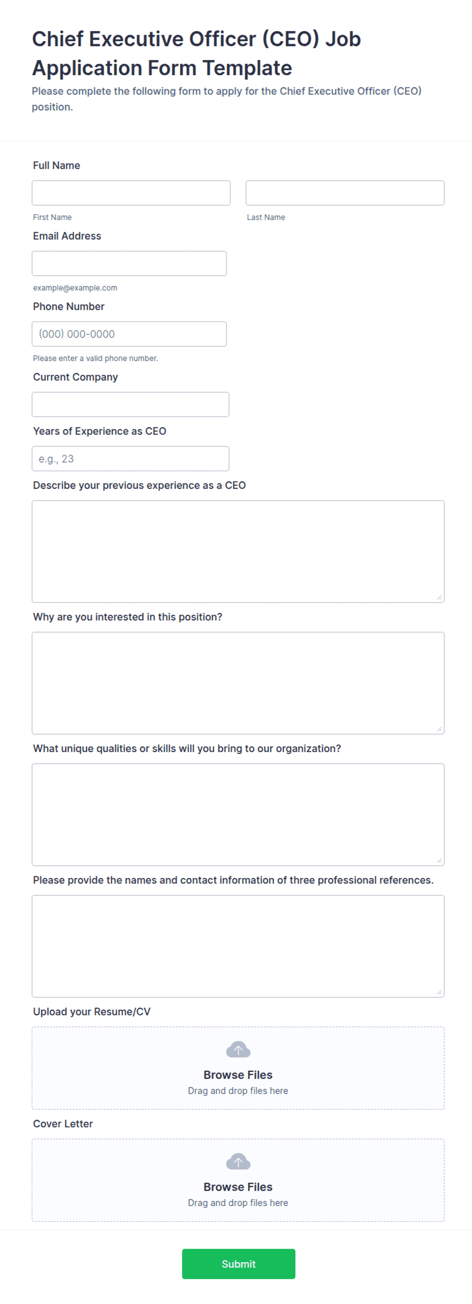 Ceo Application Example Chief Executive Officer (CEO) Job Application Form Template | Jotform