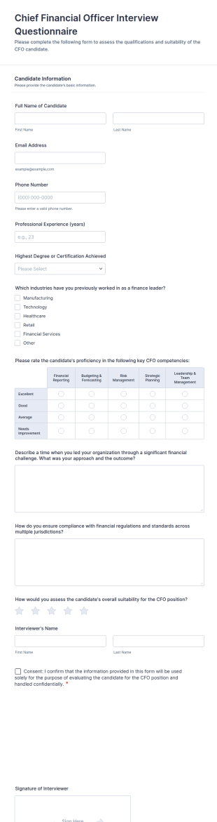 Chief Financial Officer Interview Questionnaire Form Template