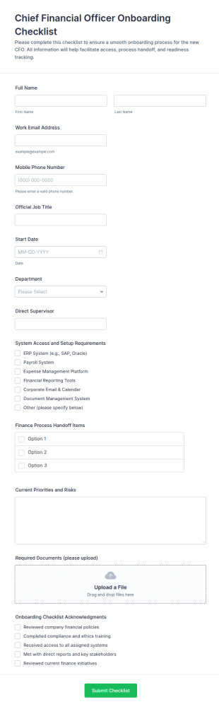 Chief Financial Officer Onboarding Checklist Form Template