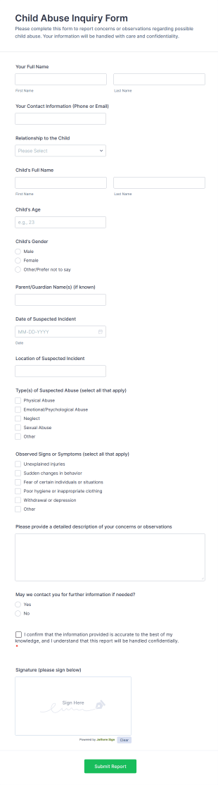 Child Abuse Inquiry Form Template