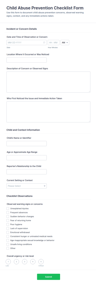 Child Abuse Prevention Checklist Form Template