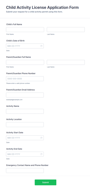 Child Activity License Application Form Template