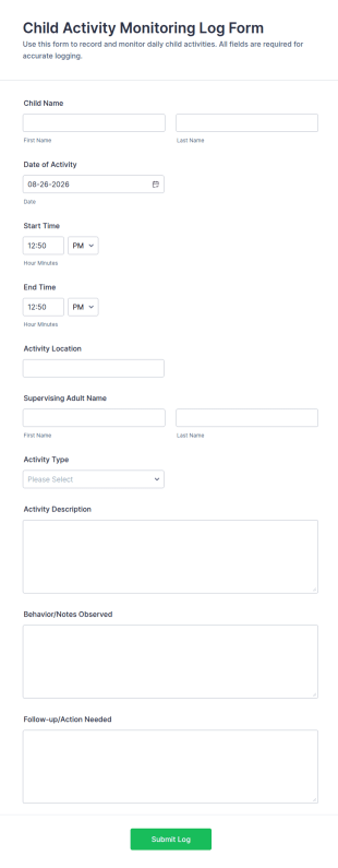 Child Activity Monitoring Log Form Template