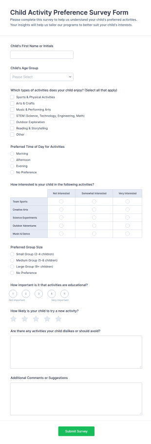 Child Activity Preference Survey Form Template