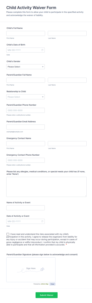 Child Activity Waiver Form Template