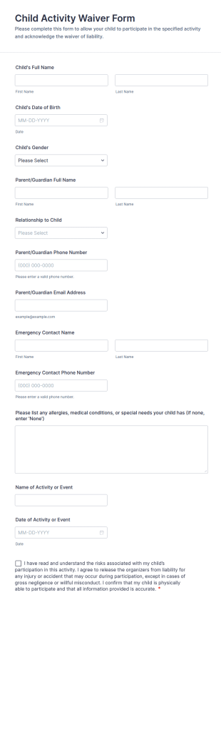 Child Activity Waiver Form Template
