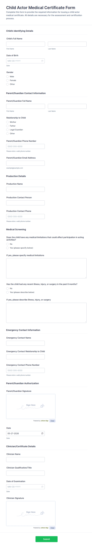 Child Actor Medical Certificate Form Template