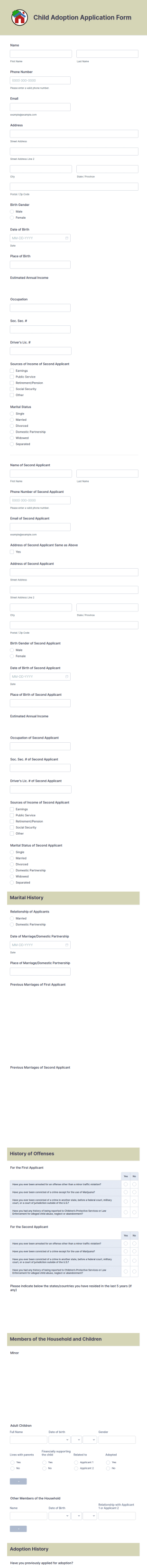Child Adoption Application Form Template