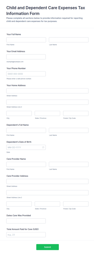 Child And Dependent Care Expenses Tax Information Form Template