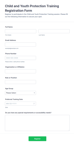 Child And Youth Protection Training Registration Form Template