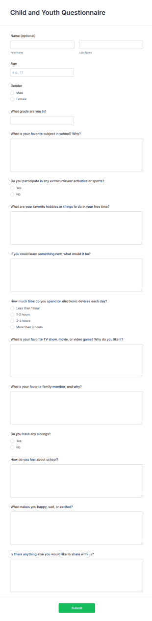 Child And Youth Questionnaire Form Template