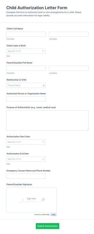 Child Authorization Letter Form Template