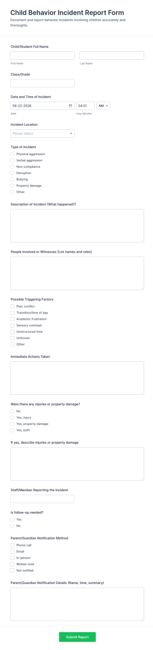 Child Behavior Incident Report Form Template