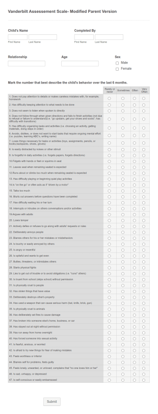 Child Behavior Questionnaire Form Template