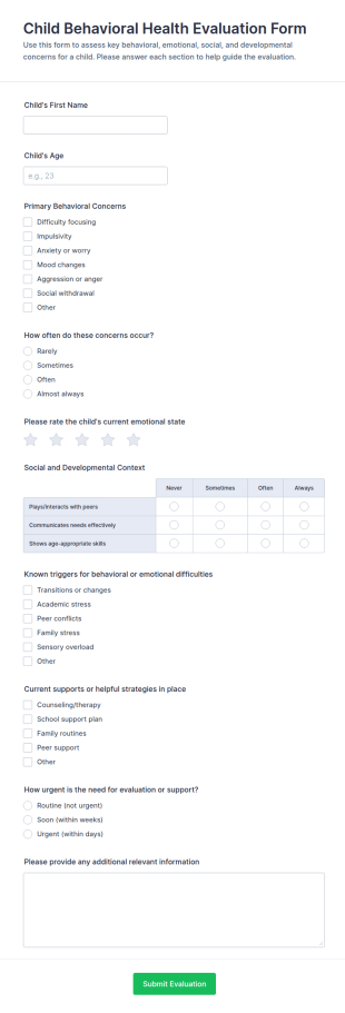 Child Behavioral Health Evaluation Form Template