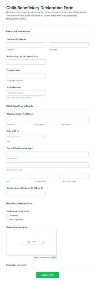 Child Beneficiary Declaration Form Template