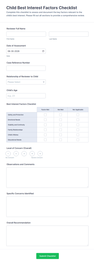 Child Best Interest Factors Checklist Form Template