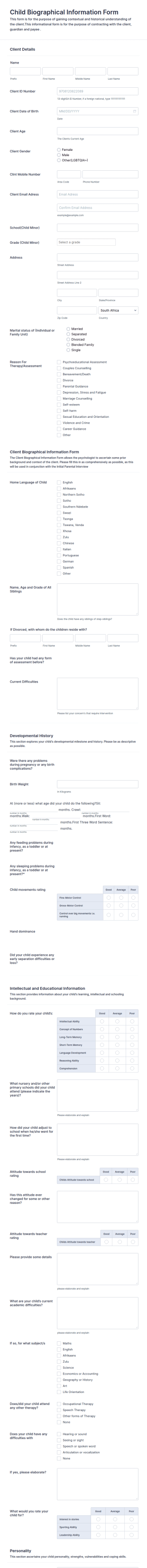 Child Biographical Form Template