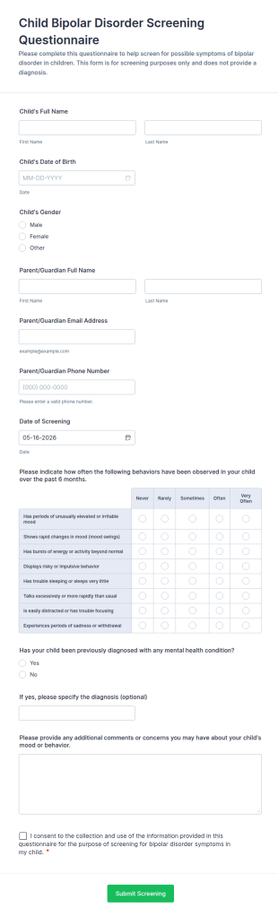 Child Bipolar Disorder Screening Questionnaire Form Template