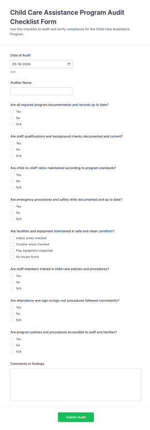 Child Care Assistance Program Audit Checklist Form Template