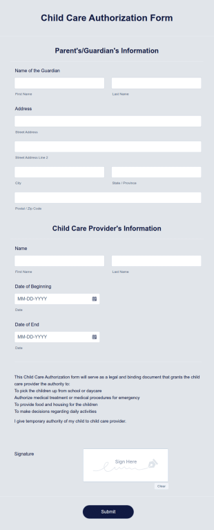 Child Care Authorization Form Template