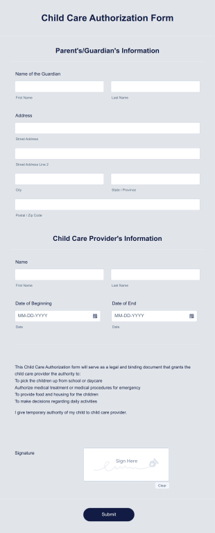 Child Care Authorization Form Template