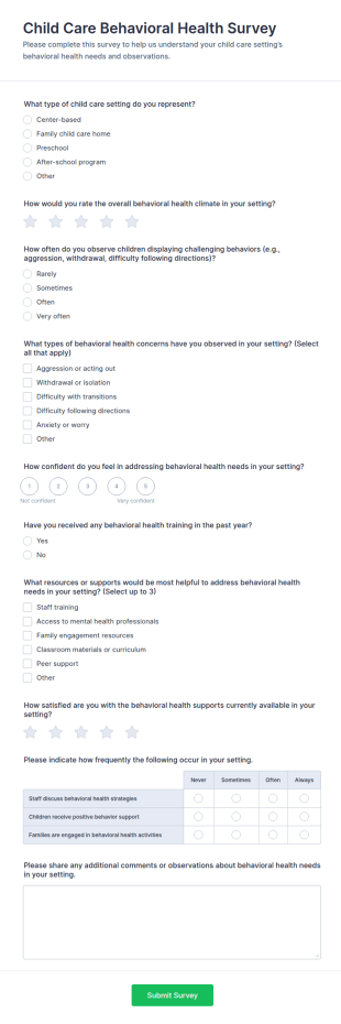 Child Care Behavioral Health Survey Form Template