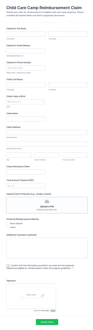 Child Care Camp Reimbursement Claim Form Template