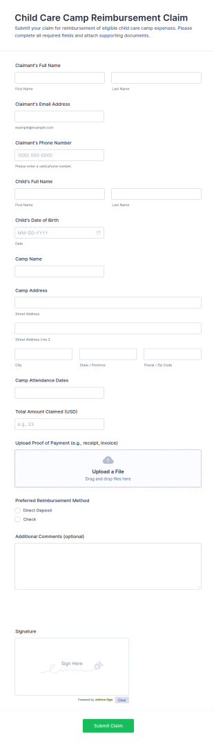 Child Care Camp Reimbursement Claim Form Template