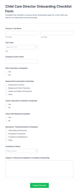 Child Care Director Onboarding Checklist Form Template