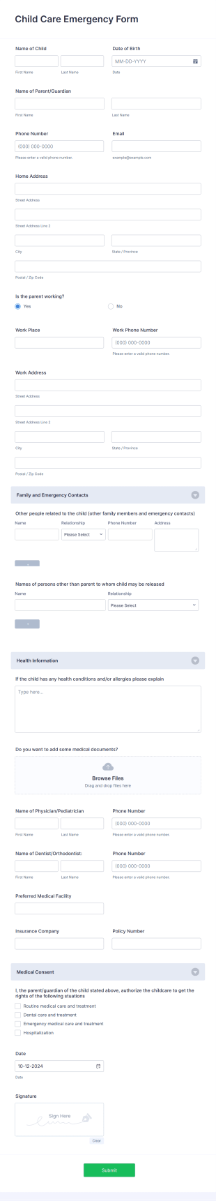 Child Care Emergency Form Template