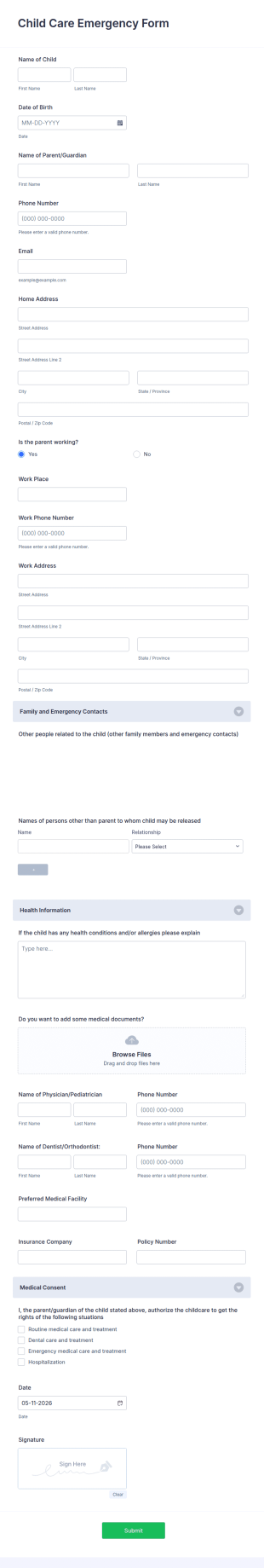 Child Care Emergency Form Template