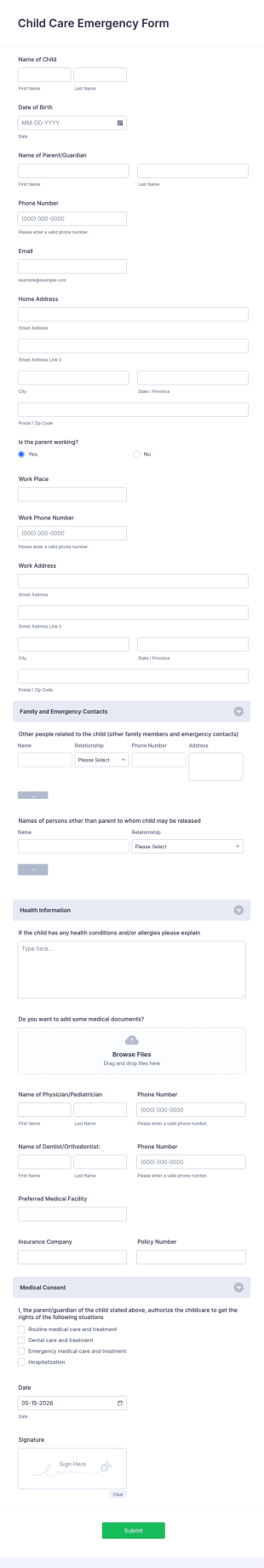 Child Care Emergency Form Template