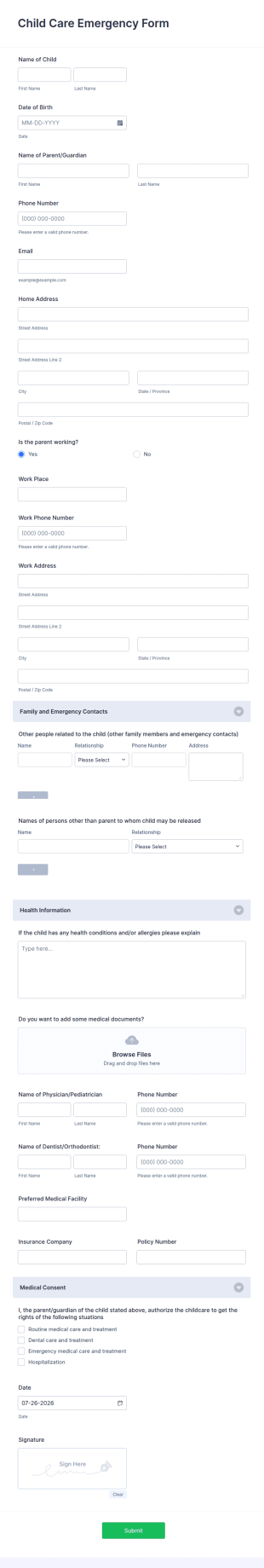Child Care Emergency Form Template