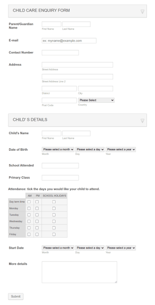 Child Care Inquiry Form Template