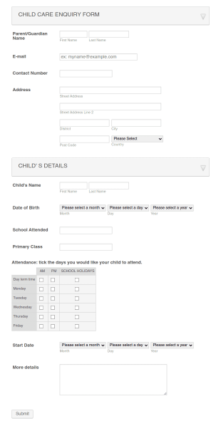Child Care Inquiry Form Template