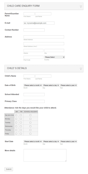 Child Care Inquiry Form Template