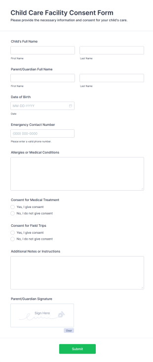 Child Care Facility Consent Form Form Template