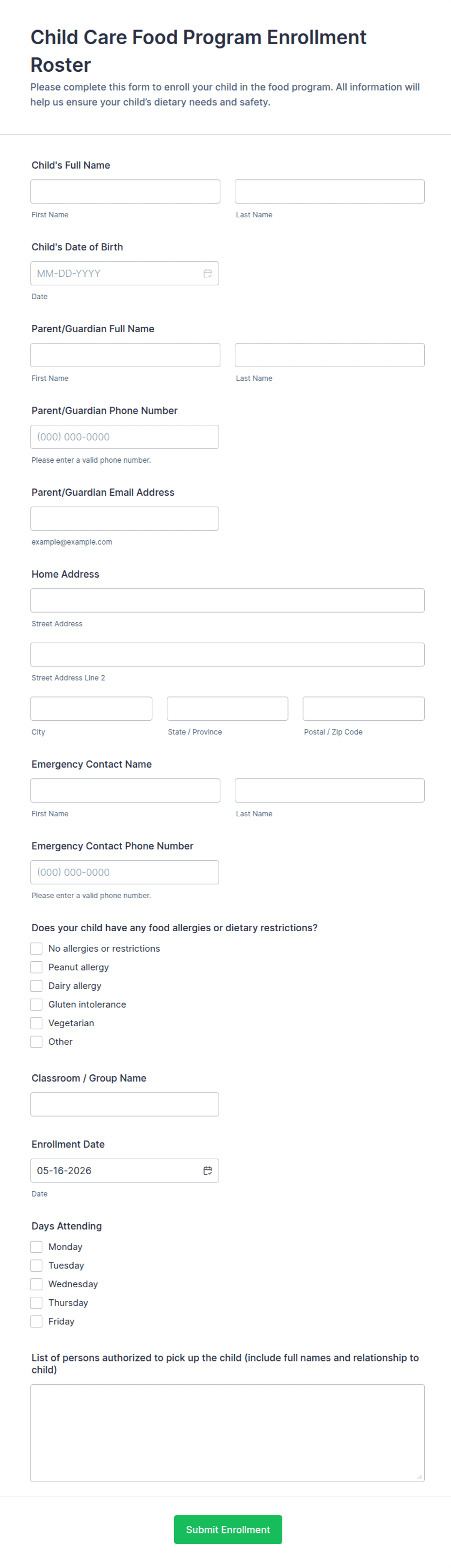 Child Care Food Program Enrollment Roster Form Template | Jotform