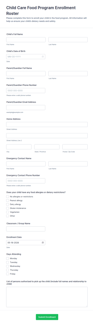Child Care Food Program Enrollment Roster Form Template