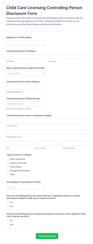 Child Care Licensing Controlling Person Disclosure Form Template