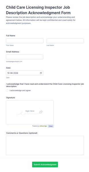 Child Care Licensing Inspector Job Description Acknowledgment Form Template