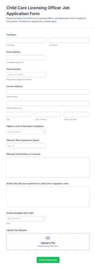 Child Care Licensing Officer Job Application Form Template