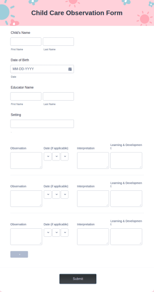 Child Care Observation Form Template
