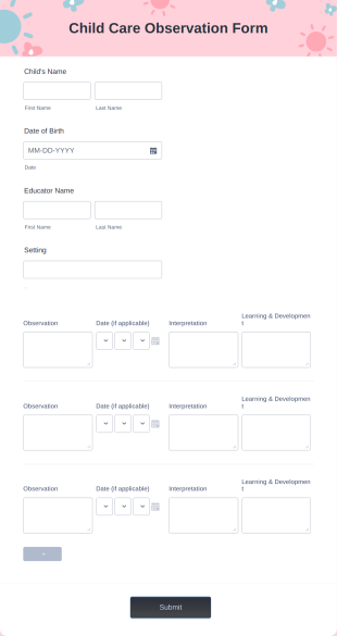 Child Care Observation Form Template