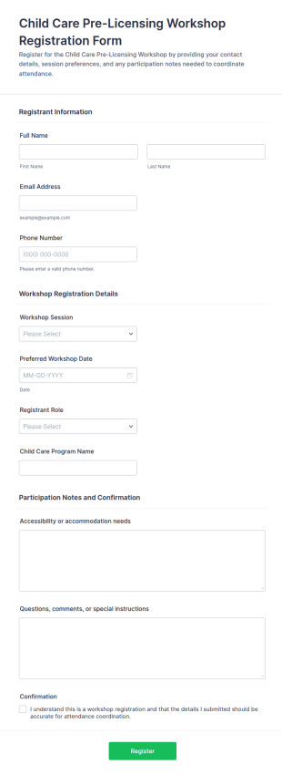 Child Care Pre Licensing Workshop Registration Form Template