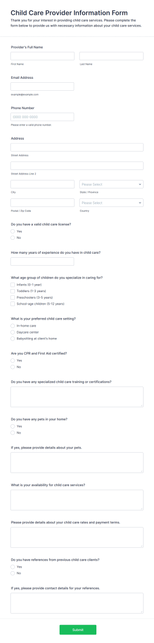 Child Care Provider Information Form Template