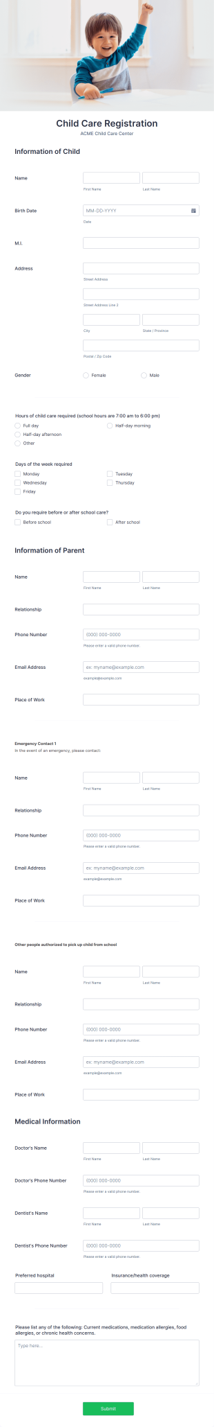 Child Care Registration Form Template