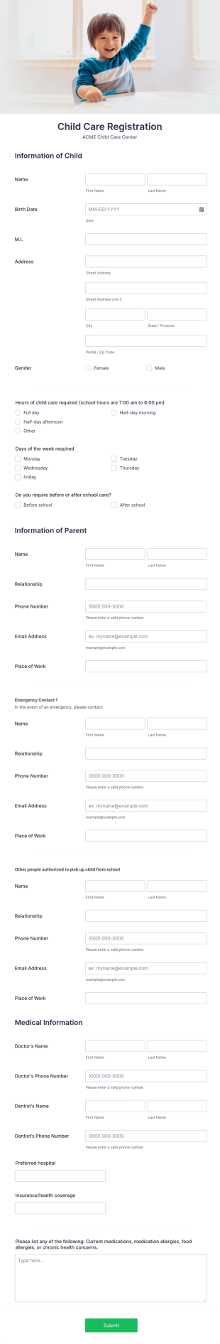 Child Care Registration Form Template